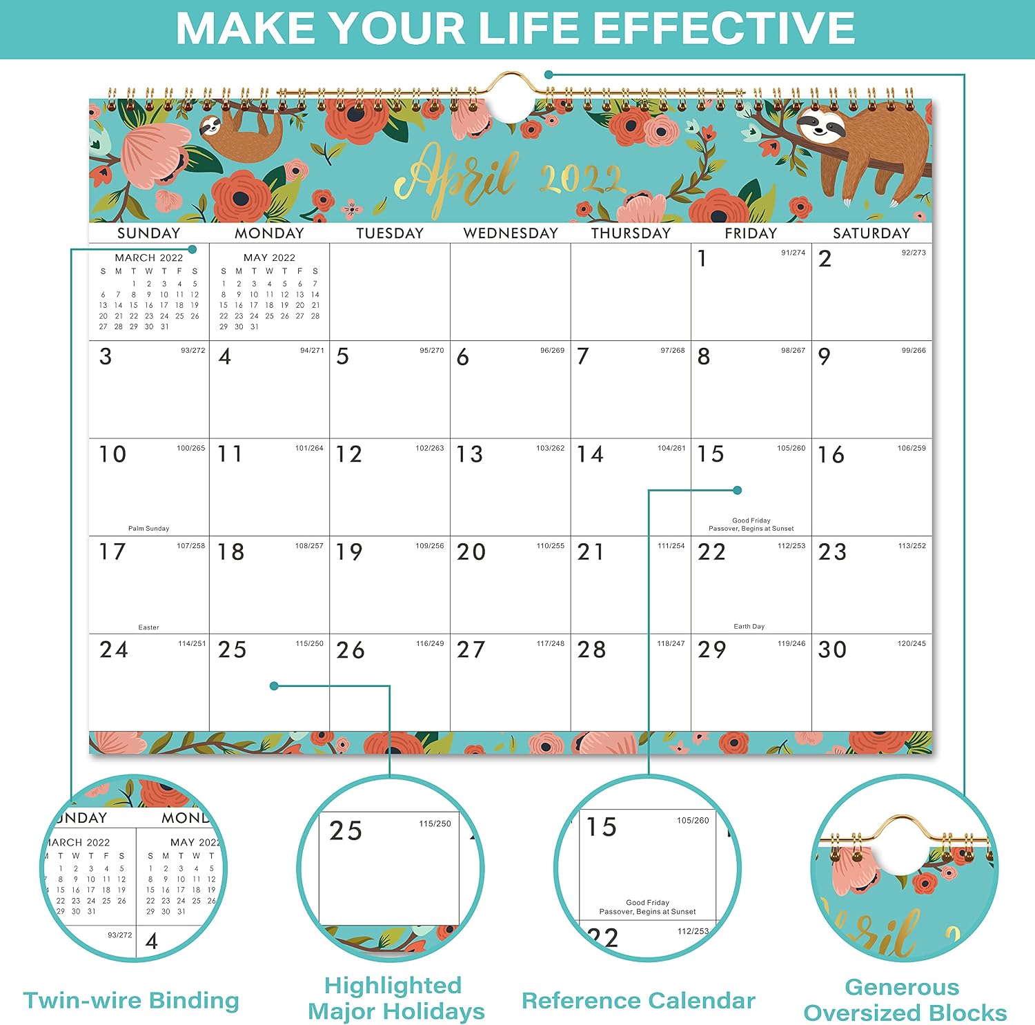 Turquoise calendar with large daily blocks and highlighted major holidays